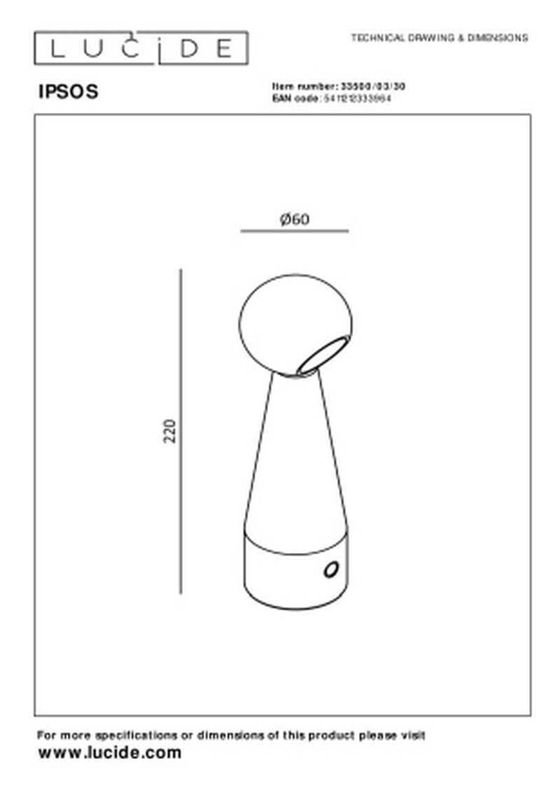 Lucide IPSOS – Nabíjateľná stolová lampa – Batéria/batérie – LED Stlmenie až teplé – 1x3W 3000K/3200K – Čierna